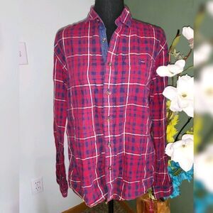 LP Jeans Flip Cuff Shirt Large Red Cotton Linen Plaid Button